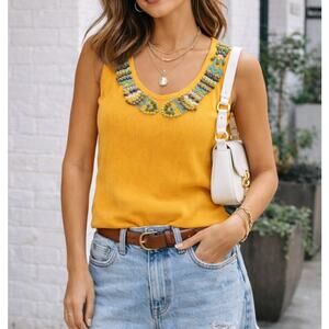 Y2K Beaded Tank Top Yellow/Turquoise Size M Embellished Hippie Boho Western